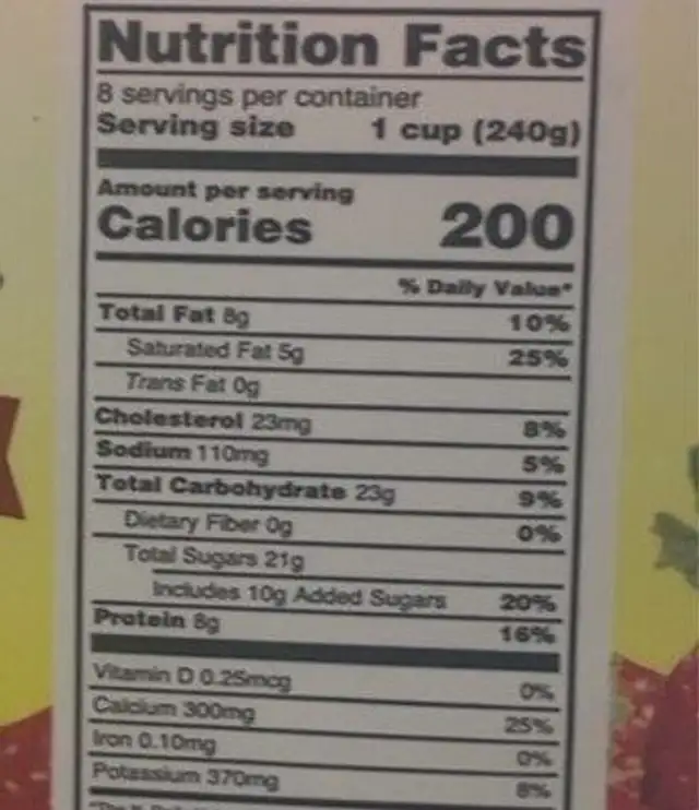 Whole yogurt nutrition facts table