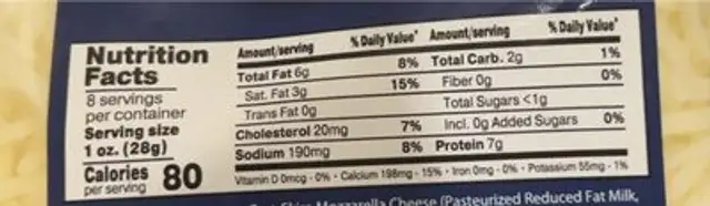 Mozarella cheese nutrition facts table