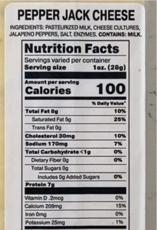 Pepper Jack cheese chunk nutrition facts table