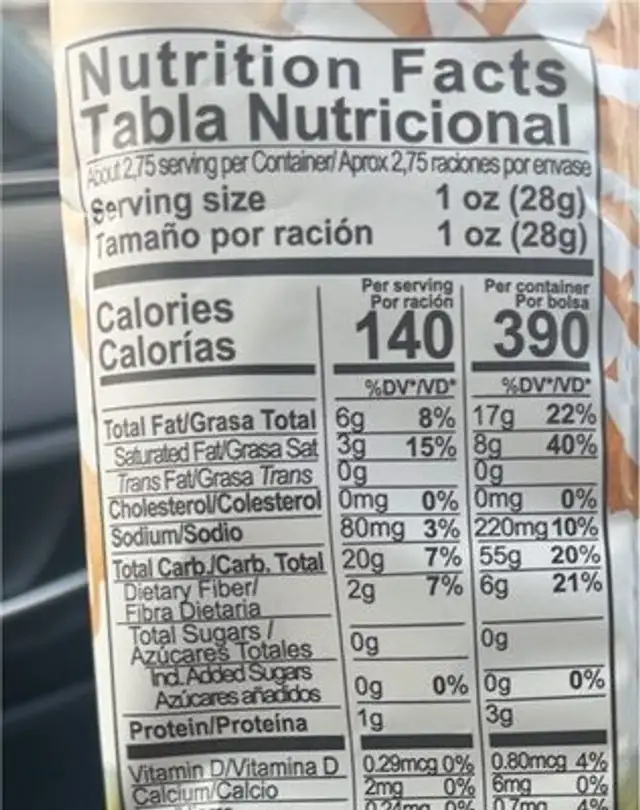 Sedanos Plantain Chips nutrition facts table