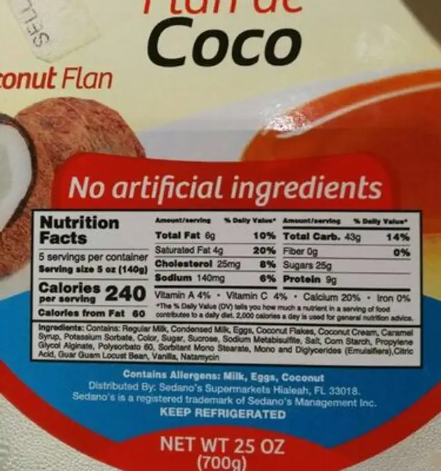 Stefano's coconut flan nutrition facts table