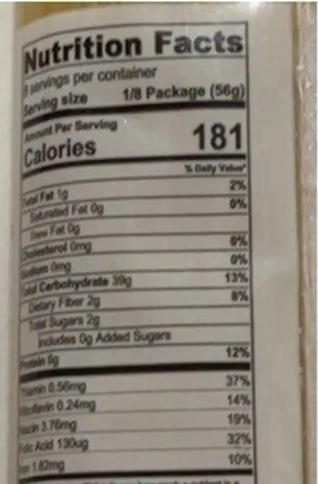 Angel hair nutrition facts table