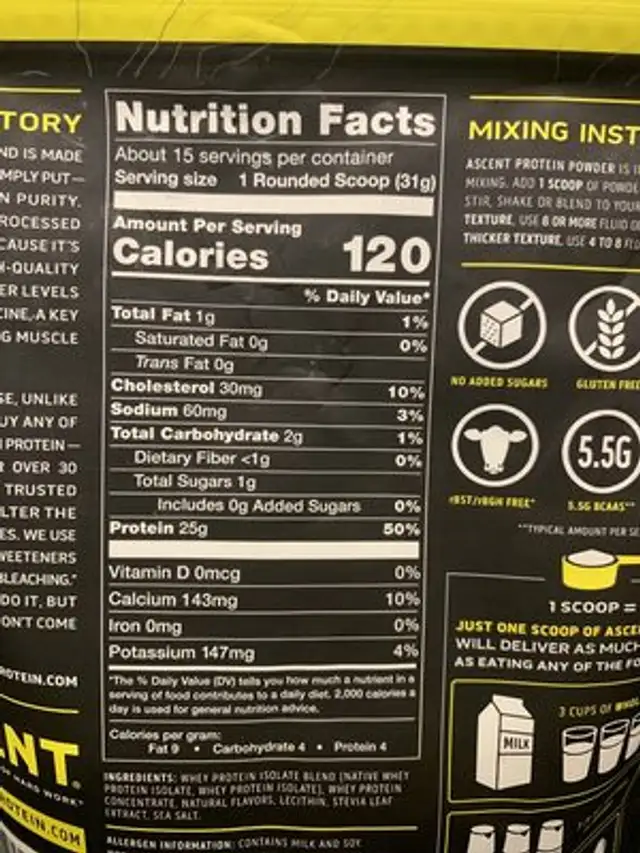 Ascent elite protein nutrition facts table