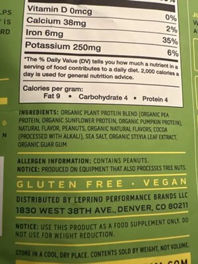 Protein powder ingredients label