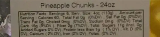 Pinapples nutrition facts table