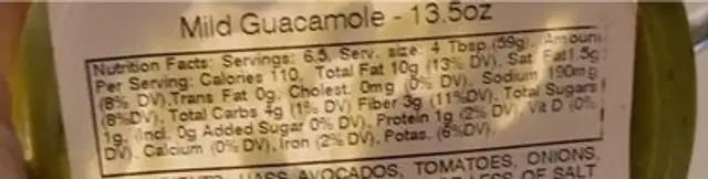 Guacamole nutrition facts table