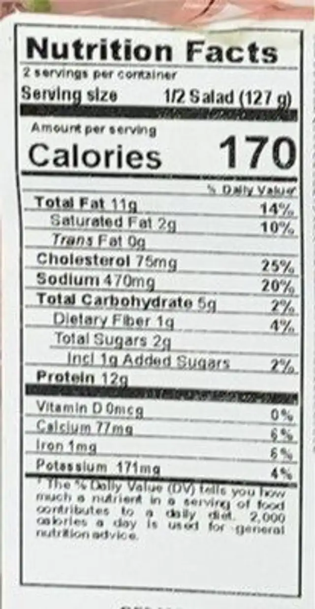 Chicken bacon salad nutrition facts table