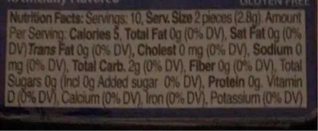 BAZOOKA nutrition facts table