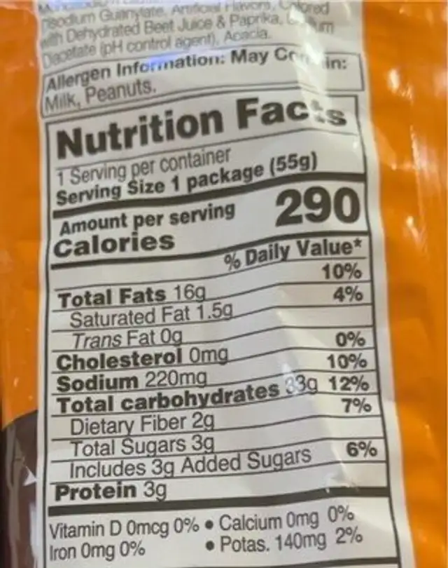 Ketchup puffs nutrition facts table