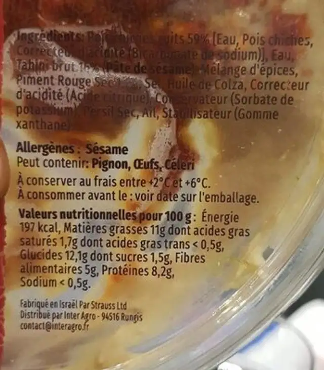 Houmous pimenté nutrition facts table