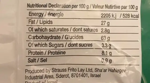 Doritos spicy sour nutrition facts table