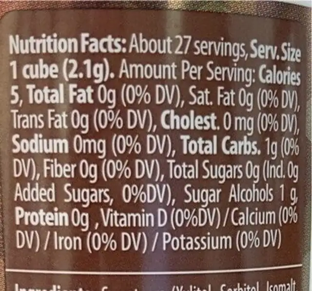 MUST Cubes Cola Flavored Sugar Free Chewing Gum nutrition facts table