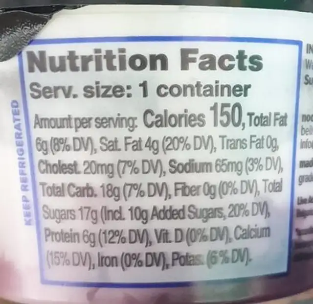 Blueberry finest yoghurt nutrition facts table