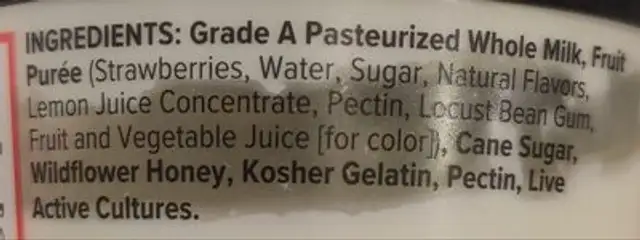 Strawberry finest yoghurt, strawberry ingredients label