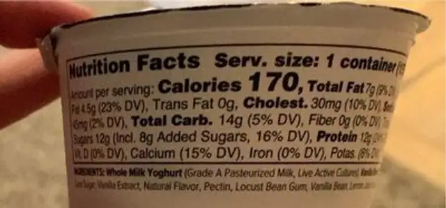 yogurt nutrition facts table