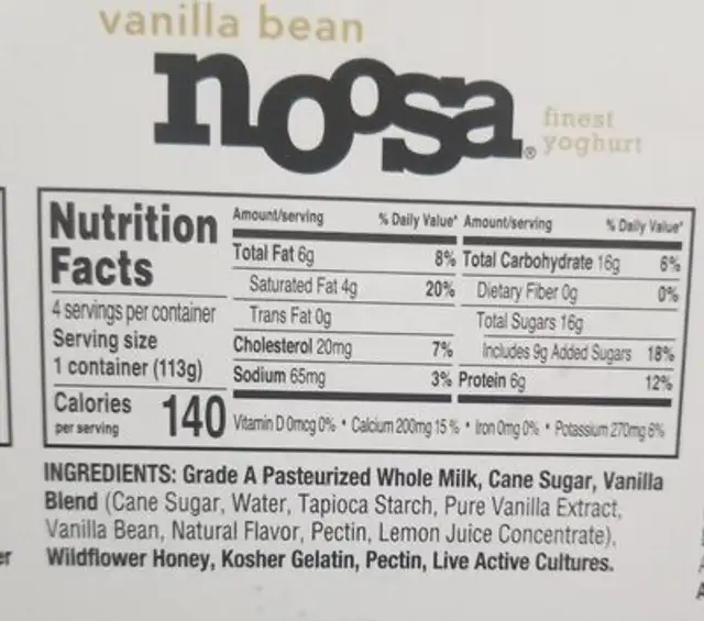 Yogurt nutrition facts table