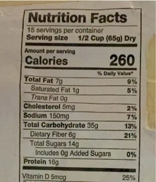 Homestyle Power Oats nutrition facts table