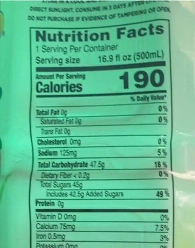 Jugo de savila nutrition facts table