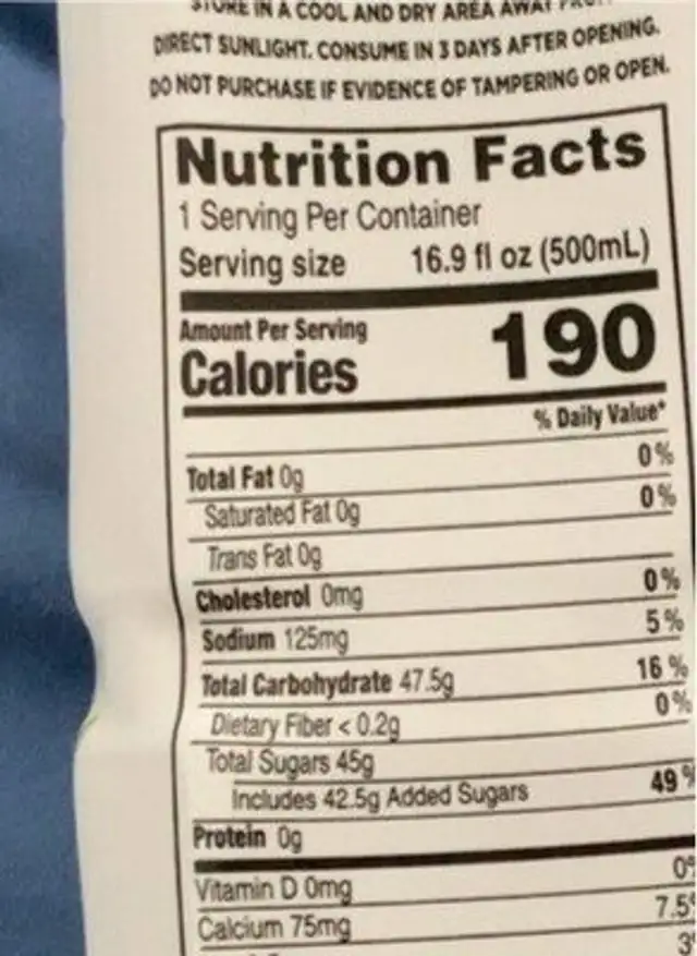Aloe vera drink nutrition facts table