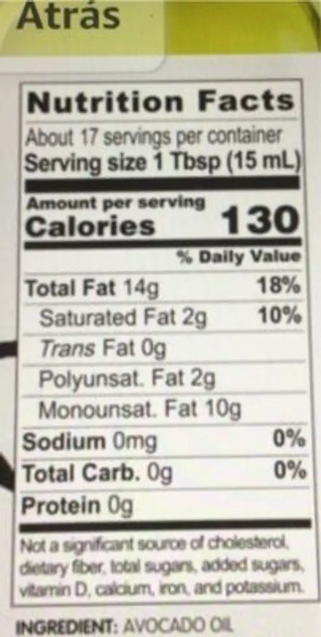 100% pure Avocado oil nutrition facts table