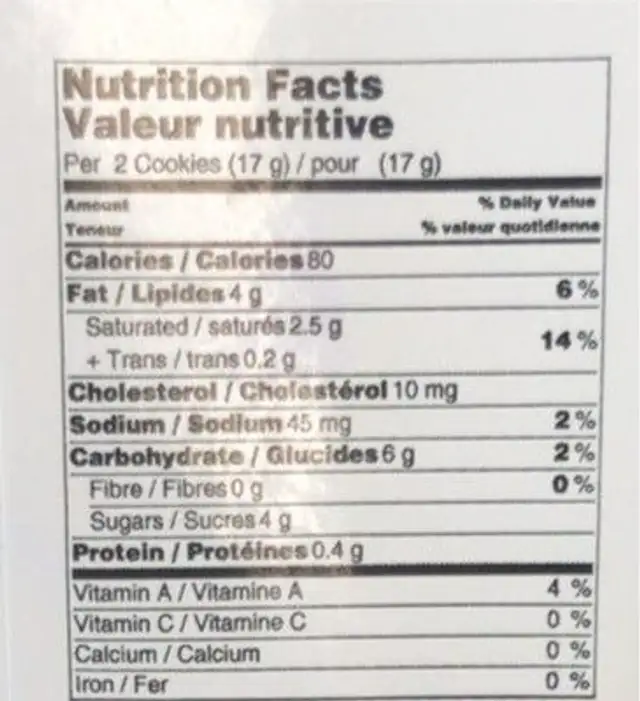 Shortbread Cookie nutrition facts table