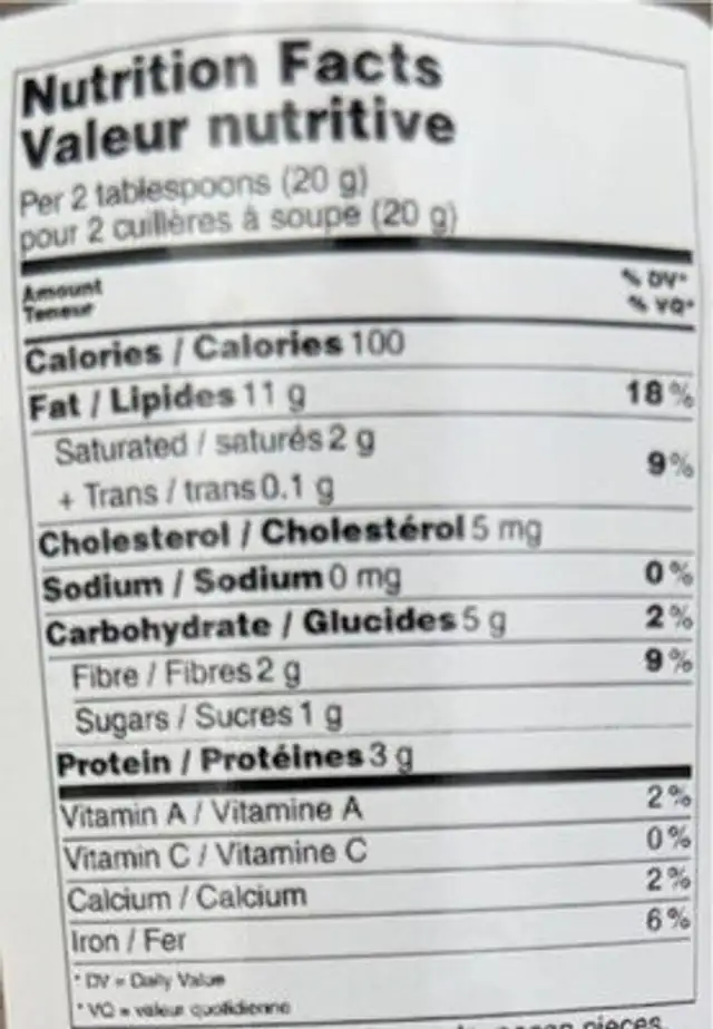 Traditional gluten-free granola nutrition facts table