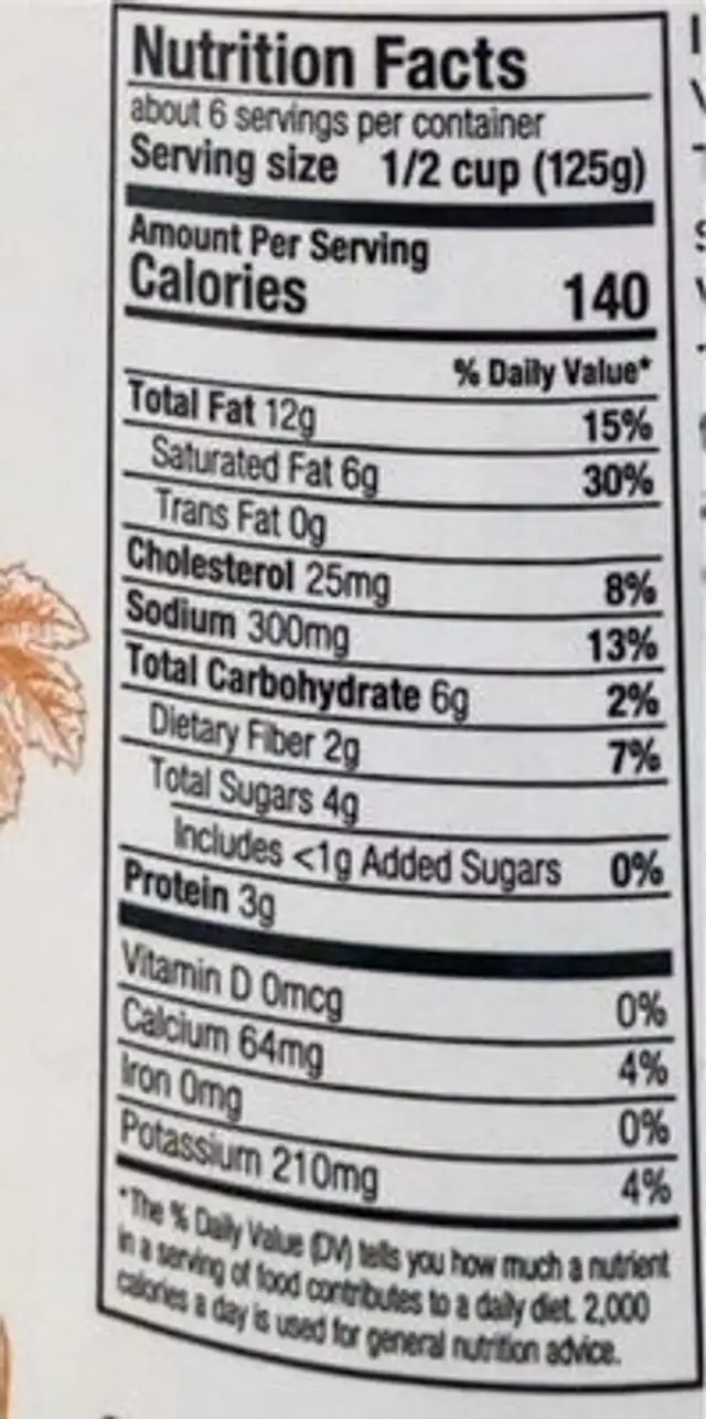 Italian pasta sauce nutrition facts table