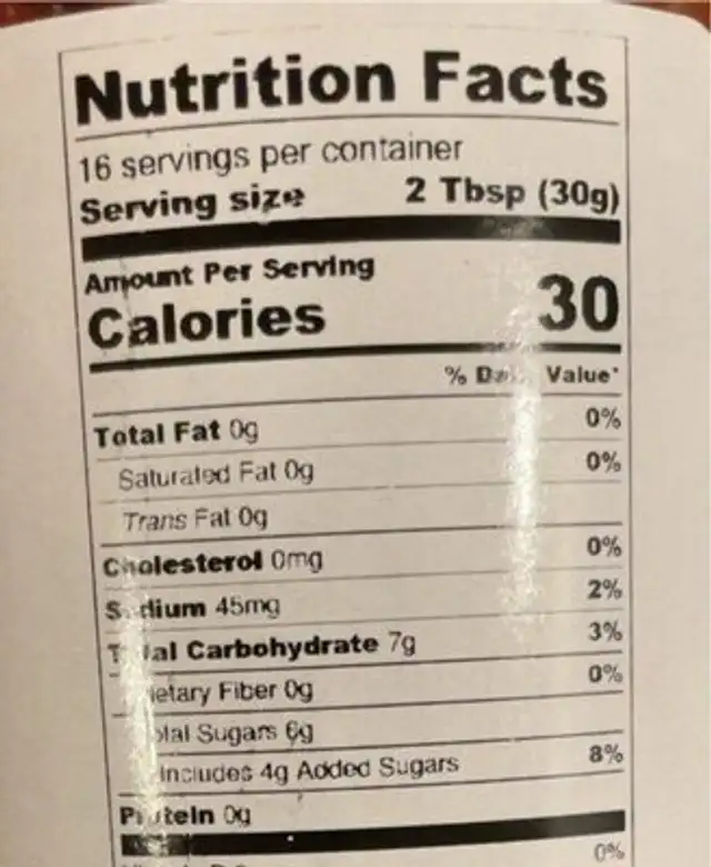Salsa nutrition facts table