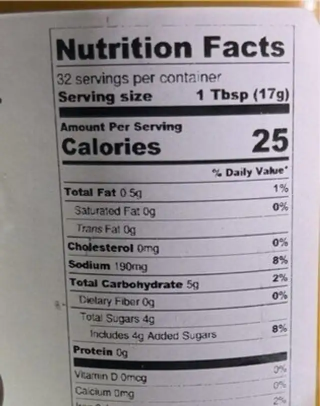 Jalapeño Honey Mustard nutrition facts table