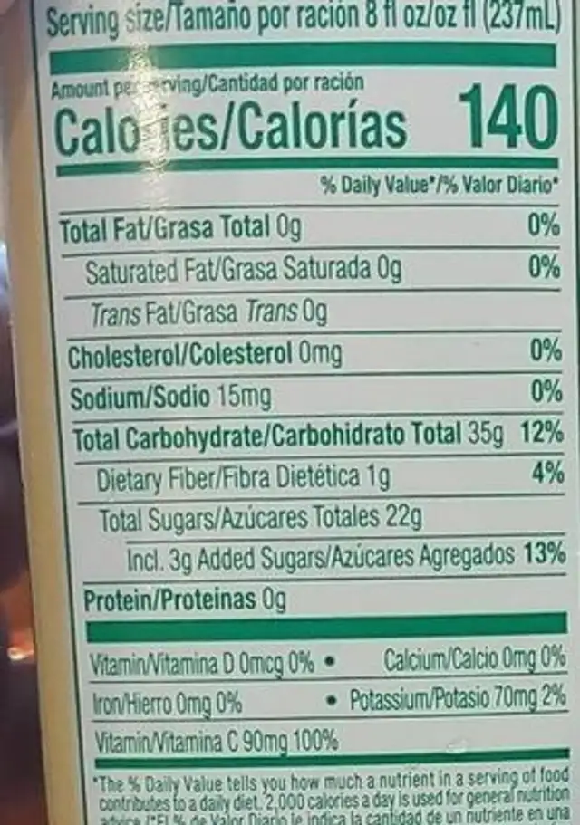 Pera nectar nutrition facts table
