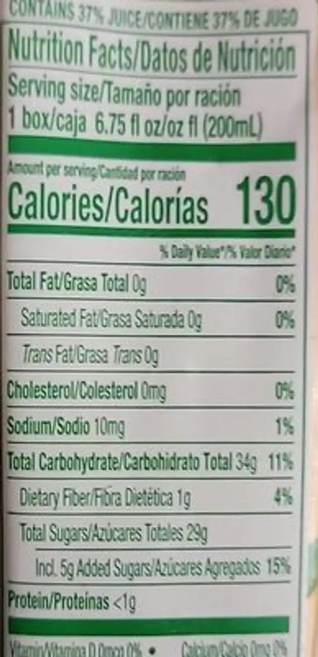 Premium peach nectar, peach nutrition facts table
