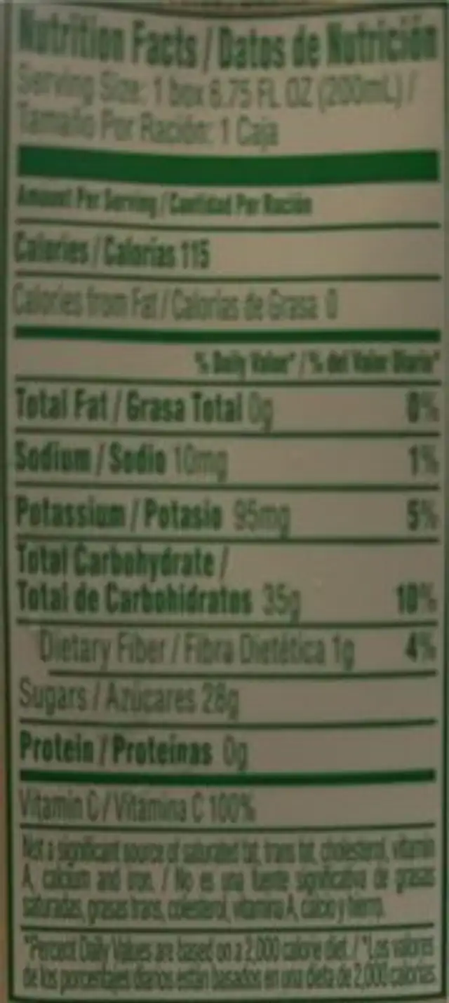 Manzana Nectar nutrition facts table