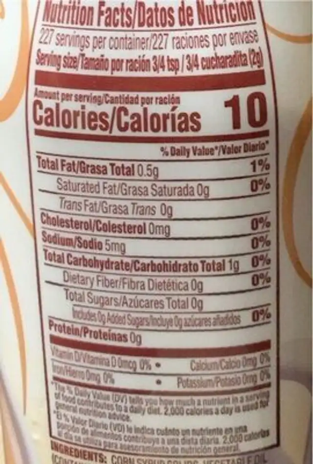 Coffee creamer nutrition facts table