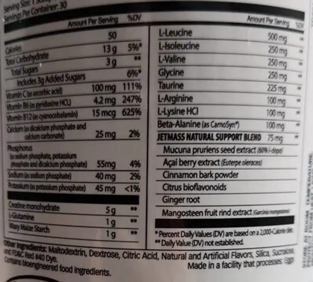 Jet Mass nutrition facts table