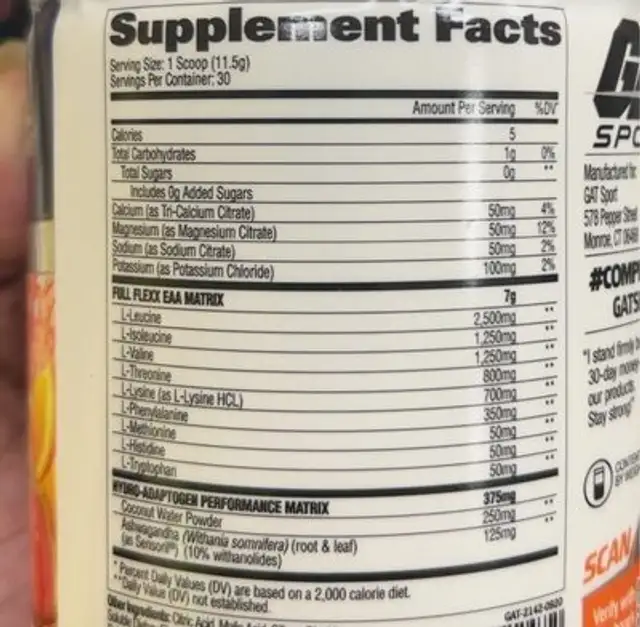 Flexx EAAs nutrition facts table