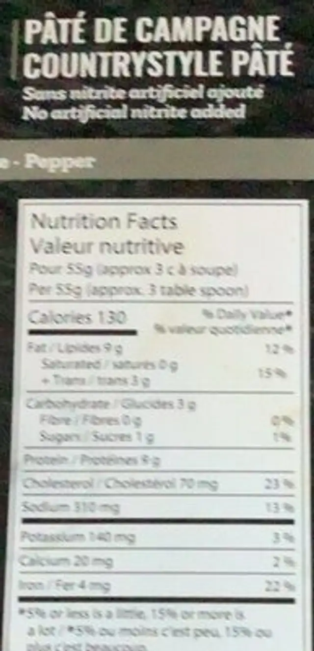 Pâté de campagne nutrition facts table