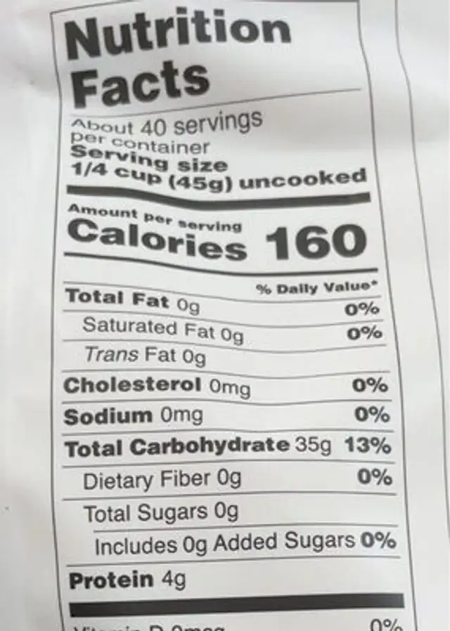 Organic white rice nutrition facts table