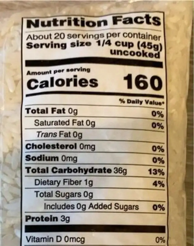 Extra long Enriched white rice nutrition facts table