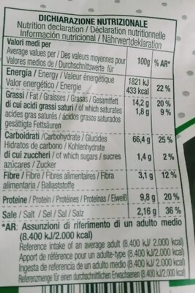 Tarallini integrali nutrition facts table