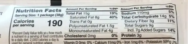 Cookie dough nutrition facts table
