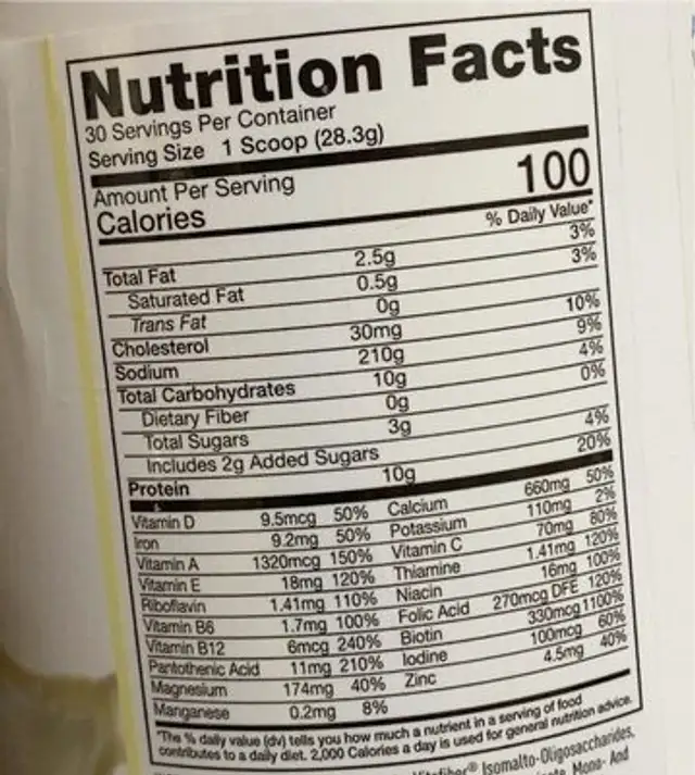 Vanilla Meal Replacement Shake nutrition facts table