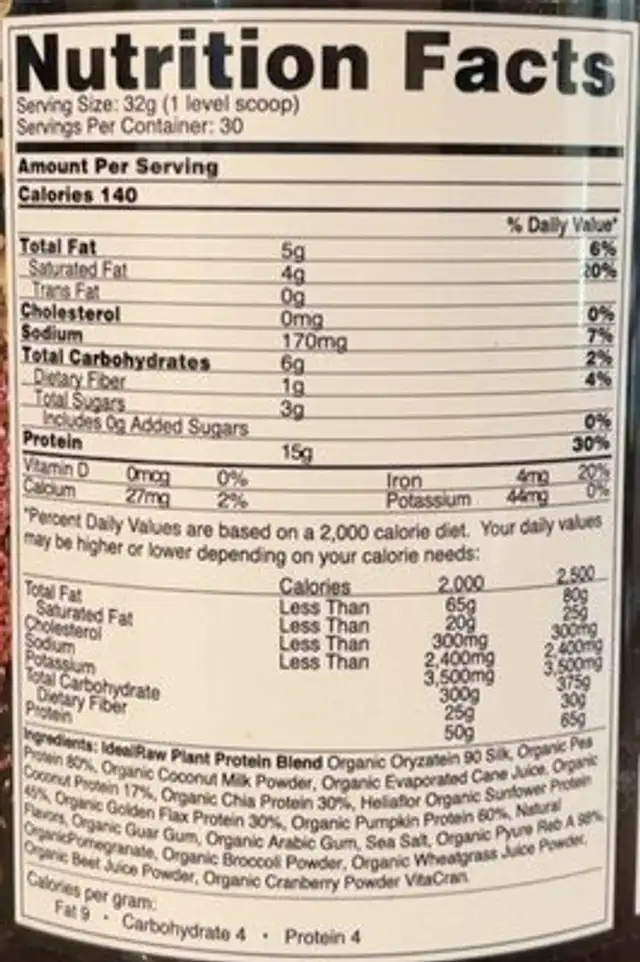 Super Berry Organic Protein Shake nutrition facts table