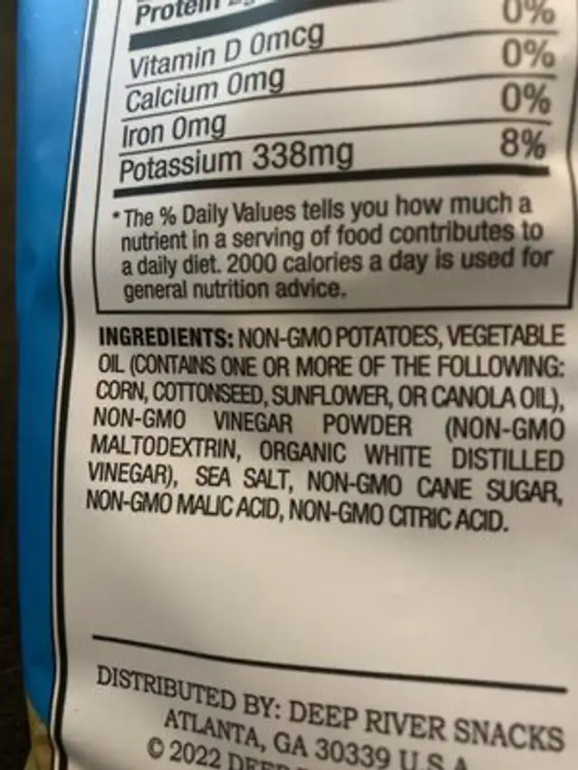 Sea Salt & Vinegar Chips ingredients label