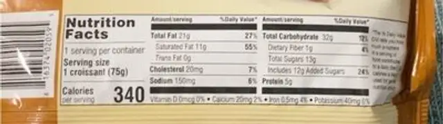Soft croissant nutrition facts table