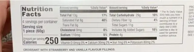 Soft croissant nutrition facts table