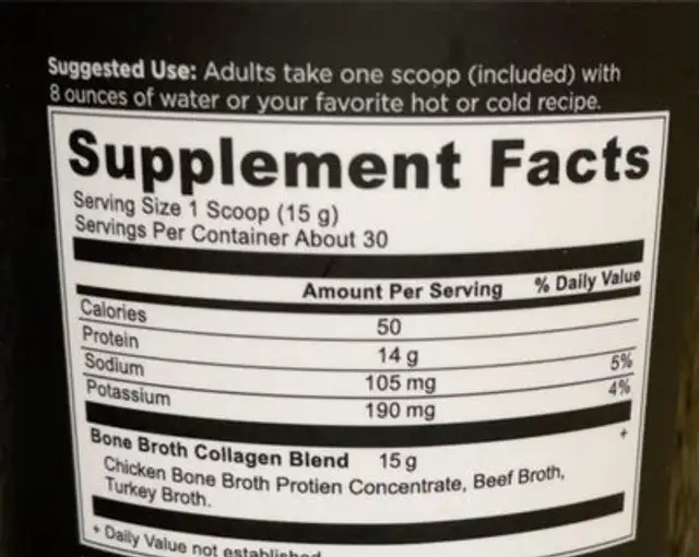 Bone broth nutrition facts table