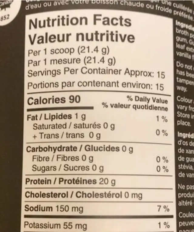 Bone broth callagen protein nutrition facts table
