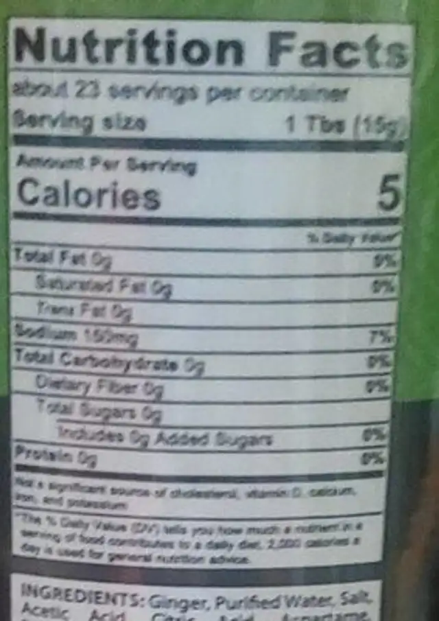 Pink sushi Ginger nutrition facts table