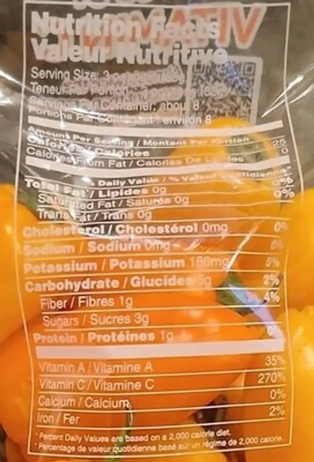 Organic Sweet Mini Pepper nutrition facts table