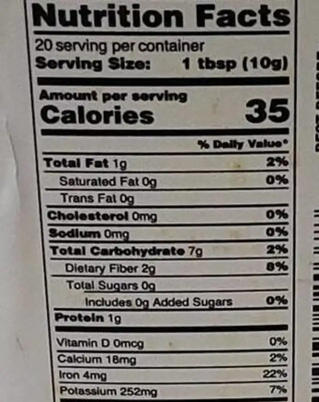 Turmeric powder nutrition facts table